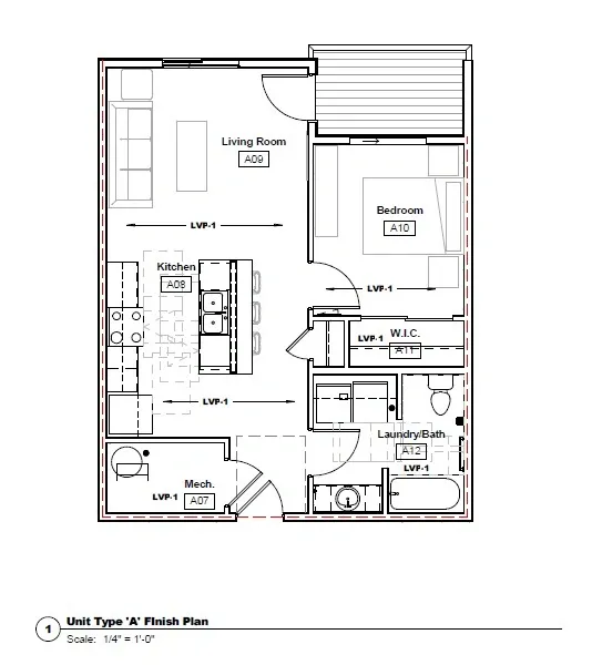 Floor plan of a one-bedroom unit featuring kitchen, living room, bedroom, and laundry/bath areas.