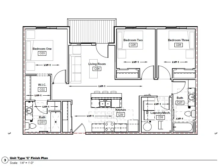 Floor plan of a three-bedroom apartment labeled 
