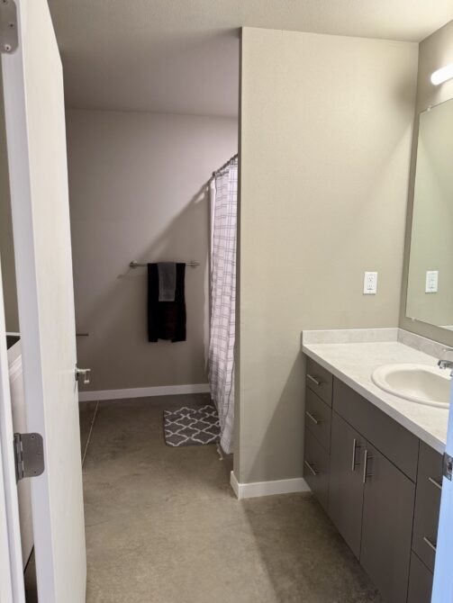 Bathroom with sink, mirror, shower curtain, and towels on hooks.