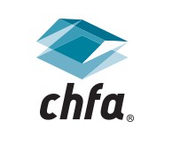 CHFA logo with layered blue diamonds and lowercase black text