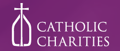 Catholic Charities logo with white cross and purple background