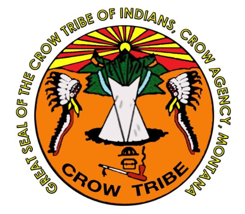 Great Seal of the Crow Tribe of Indians, Montana, featuring a tepee, sun, and eagle feathers.