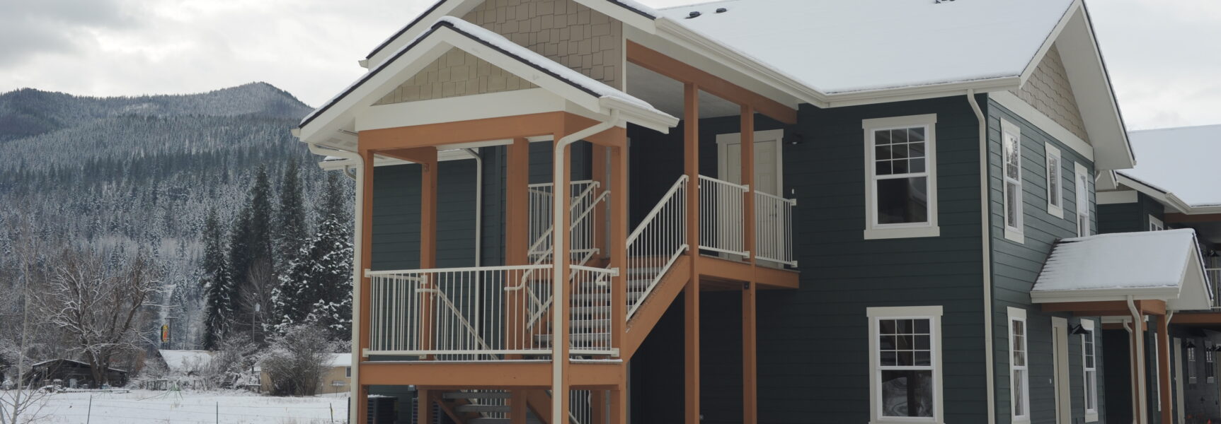 Snow-covered modern house with wood accents, surrounded by snowy trees and a mountain backdrop