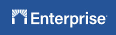 Enterprise text logo with stylized home icon on blue background