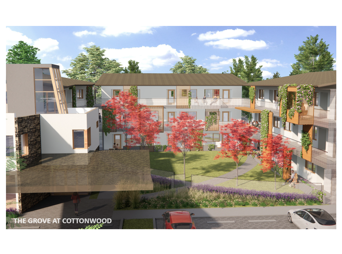 Courtyard of The Grove at Cottonwood featuring red-leaved trees and modern apartments with outdoor patio areas