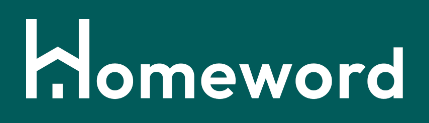 Homeword logo with stylized house icon in white on dark teal background