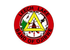 Leech Lake Band of Ojibwe emblem featuring a red circle and yellow triangle design.