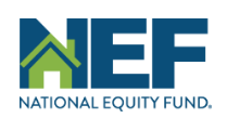 NEF logo with a green house icon above text: 
