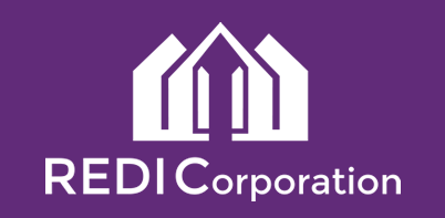 REDI Corporation logo, purple background, white abstract building design