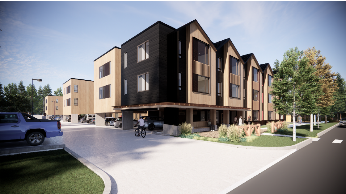 Modern townhouses with wooden facade, trees, parked cars, and people walking.