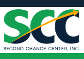 SCC logo with green letters, orange arrow, and text 'Second Chance Center, Inc.'