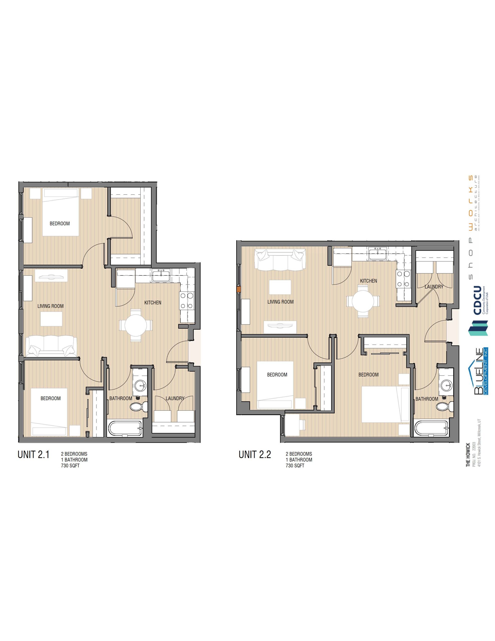 Floor plans for two-bedroom units, each 730 sqft, labeled Unit 2.1 and Unit 2.2.
