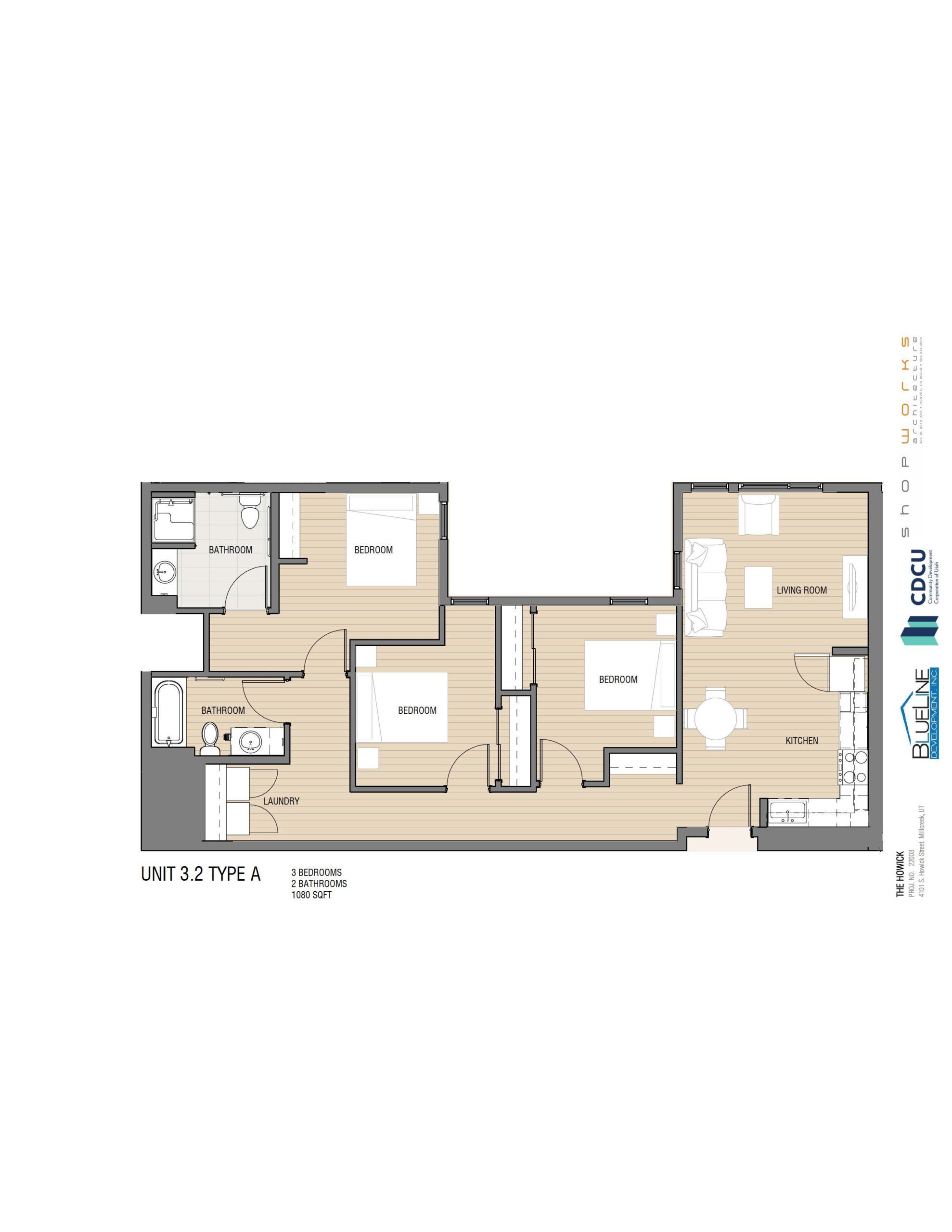 Unit 3.2 Type A floor plan showing three bedrooms, two bathrooms, kitchen, and living room, total 1085 square feet