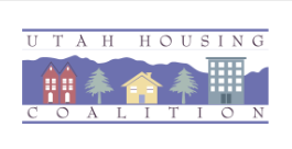 Utah Housing Coalition logo with houses, trees, and mountains.