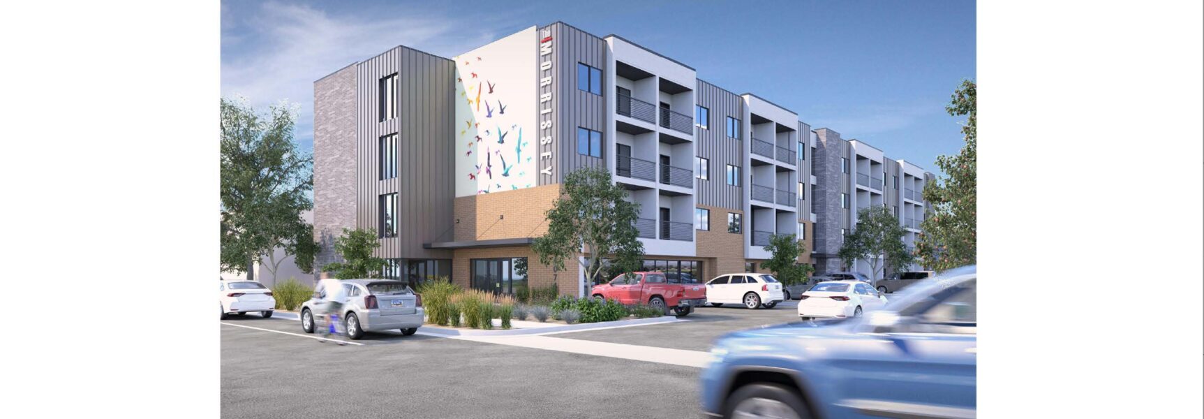 Modern apartment building with "The Morrissey" sign, colorful bird mural, parked cars, and surrounding trees