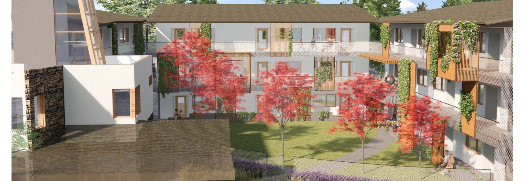 Modern apartment complex courtyard, colorful trees, green grass, and balconies with wooden accents, people interacting outdoors