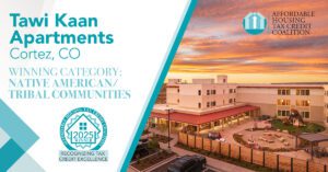 Tawi Kaan Apartments in Cortez, CO, awarded for Native American/Tribal Communities by Affordable Housing Tax Credit Coalition, sunset backdrop.