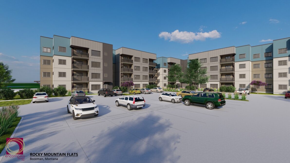 Rocky Mountain Flats apartment complex with cars in parking lot, blue sky, logo, and text "ROCKY MOUNTAIN FLATS Bozeman, Montana"