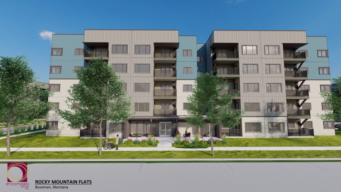 Rocky Mountain Flats, modern five-story apartment building with trees and people in front, Bozeman, Montana. Encompass Design Inc. logo at bottom left.