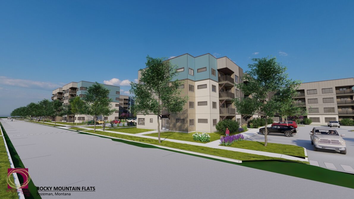 Rocky Mountain Flats residential complex rendering, featuring modern buildings, landscaped sidewalks, and parked cars in Bozeman, Montana