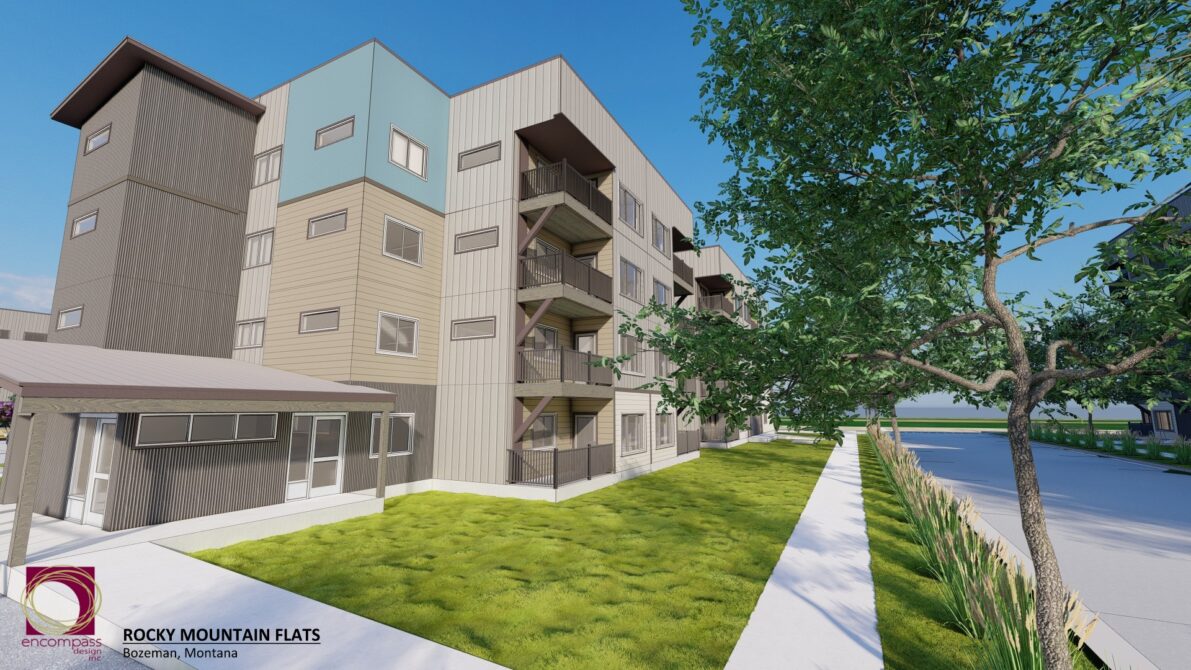 Four-story residential building with balconies, green lawn, and trees. Text: "Encompass Design Inc., Rocky Mountain Flats, Bozeman, Montana"