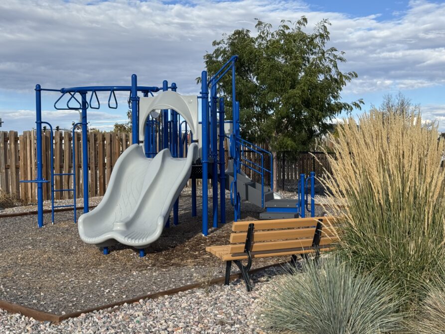 Playground with blue and gray slides, climbing bars, benches, and surrounding trees.