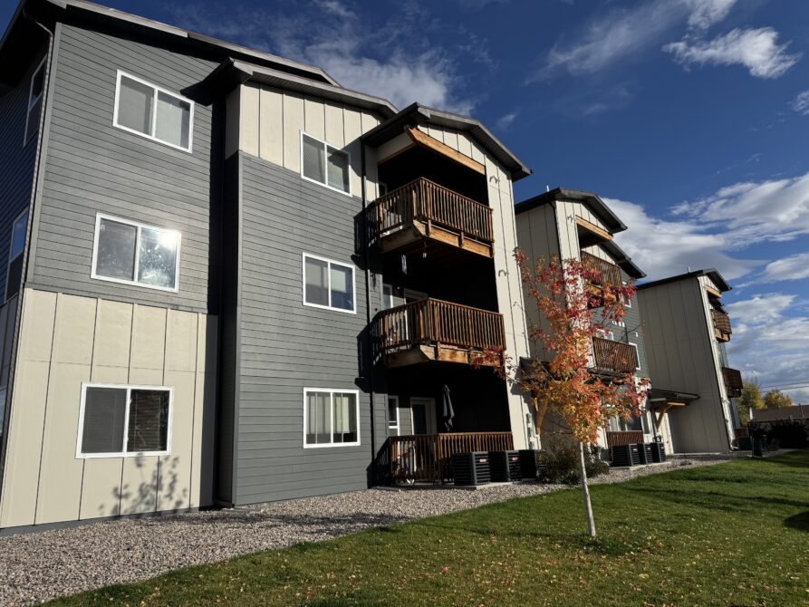 Modern apartment building with wooden balconies, tree with autumn leaves in foreground, under blue sky.