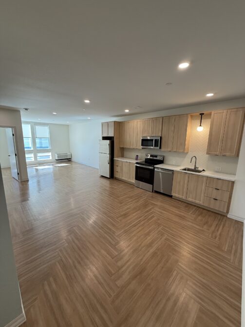 Open-plan kitchen and living area with wooden flooring, modern appliances, and large windows providing natural light.