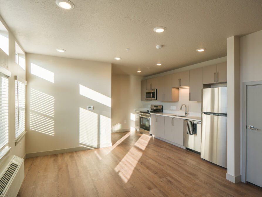 Sunlit modern kitchen with wooden floor, stainless steel appliances, and ample cabinet space.